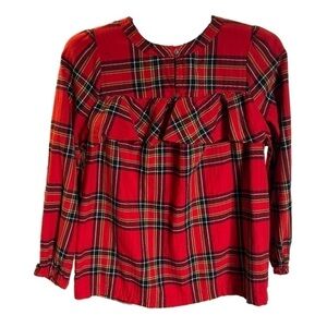 J. Crew Women's Red Ruffled Plaid Button-Down Blouse, Extra Small